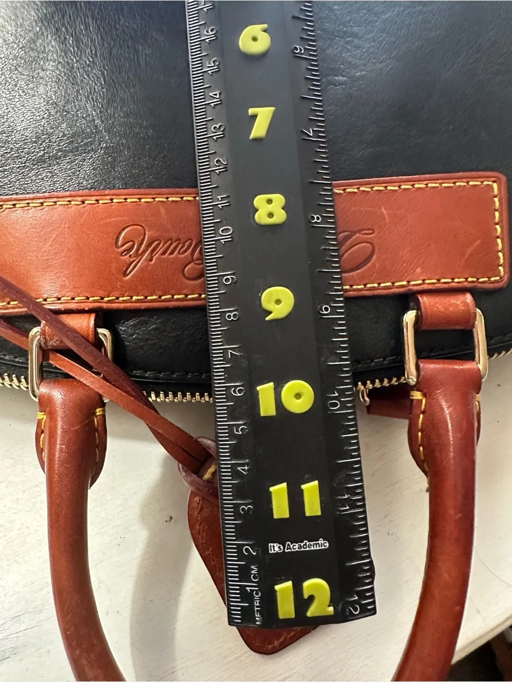 Dooney & Bourke Black Florentine Vacchetta Leather Dillen II Satchel w/Brass Tag
